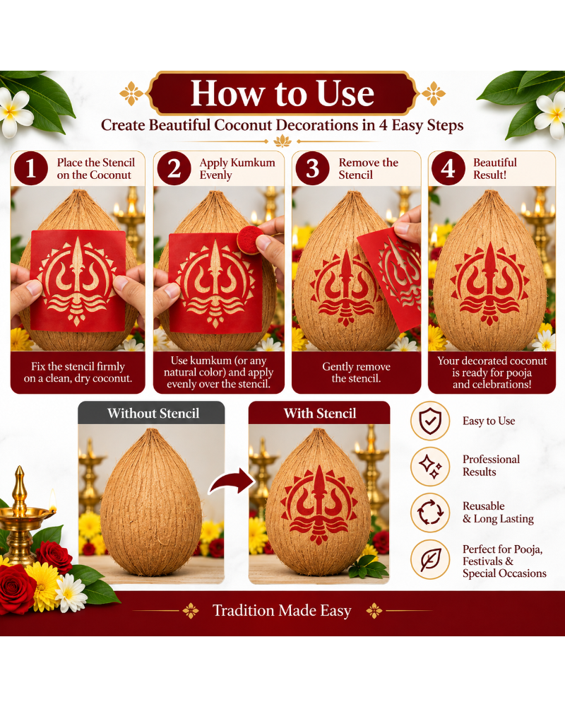 Combo P_10_2 | Premium Coconut Decoration Stencil Set | Reusable Velvet Stencils for Varalakshmi Vratham, Navaratri & Temple Poojas | Pack of 10 Designs