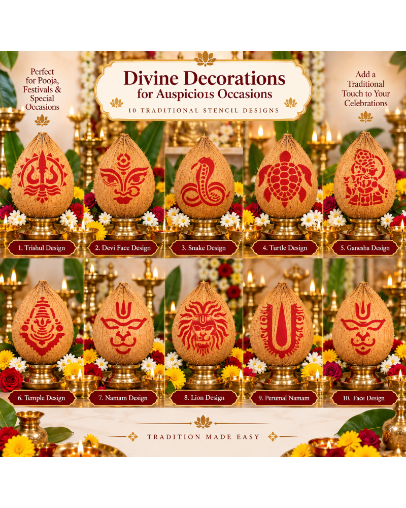 Combo P_10_2 | Premium Coconut Decoration Stencil Set | Reusable Velvet Stencils for Varalakshmi Vratham, Navaratri & Temple Poojas | Pack of 10 Designs