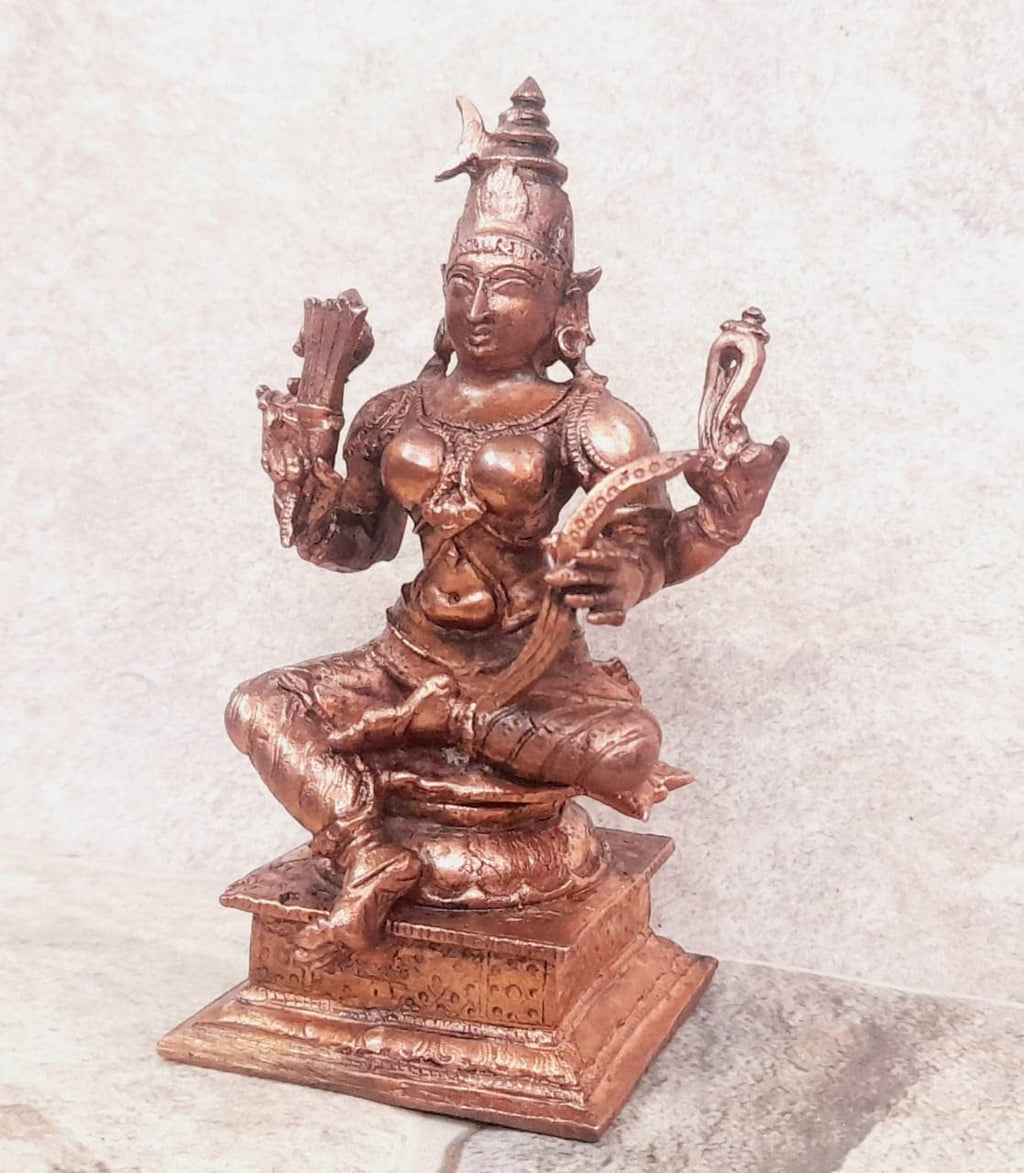 Brownish-Orange Copper Idols India, 4.3 Inches, Handmade Goddess Raja Rajeswari 479 Gram, Patina Antique Finish, Pack Of 1 Piece