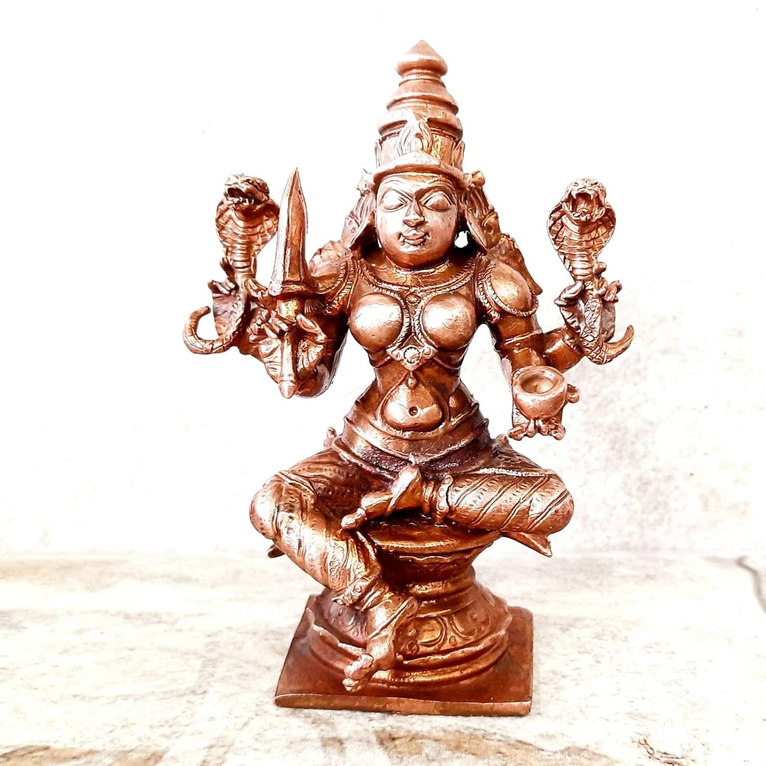 Sacred Copper Goddess Mariamman (Amman) Idol – 4 Inches, 380 Grams, Handmade Patina Antique Finish, Pack of 1 Piece