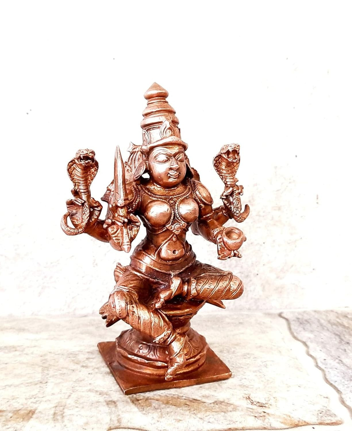 Sacred Copper Goddess Mariamman (Amman) Idol – 4 Inches, 380 Grams, Handmade Patina Antique Finish, Pack of 1 Piece