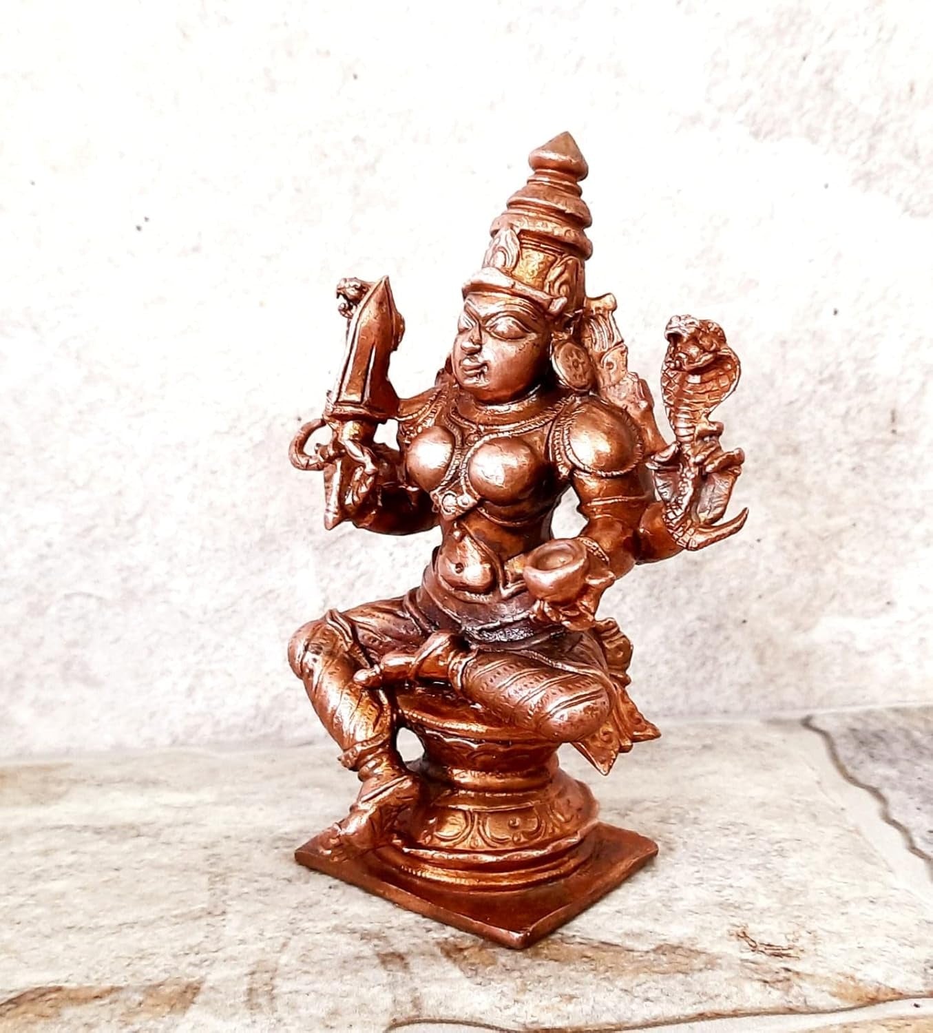 Sacred Copper Goddess Mariamman (Amman) Idol – 4 Inches, 380 Grams, Handmade Patina Antique Finish, Pack of 1 Piece