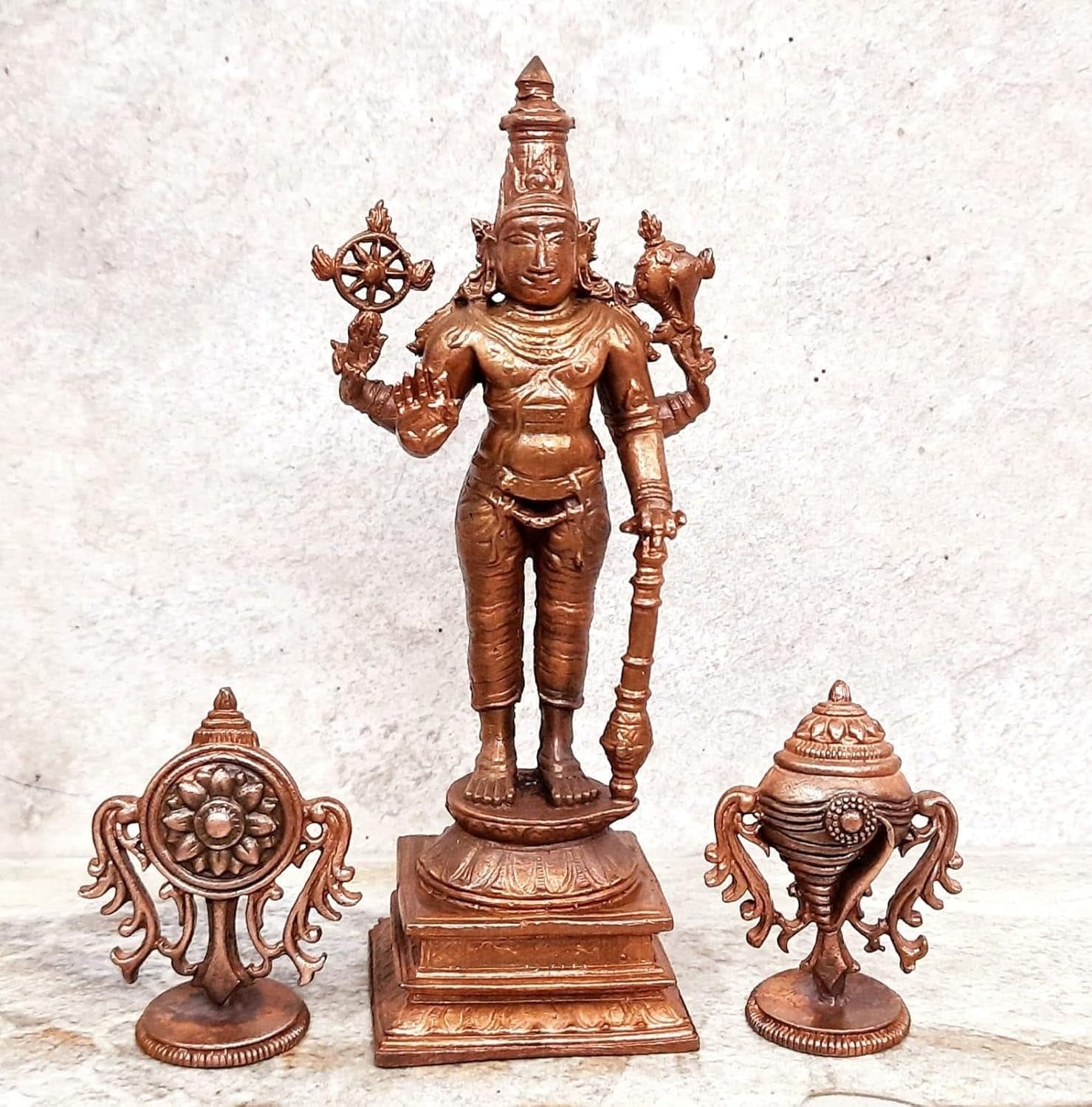 Brownish-Orange Copper Idols Of God Srinivasa Perumal With Sanghu Chakram, 5.1 Inches, 420G, Patina Antique Finish, Pack Of 3 Piece