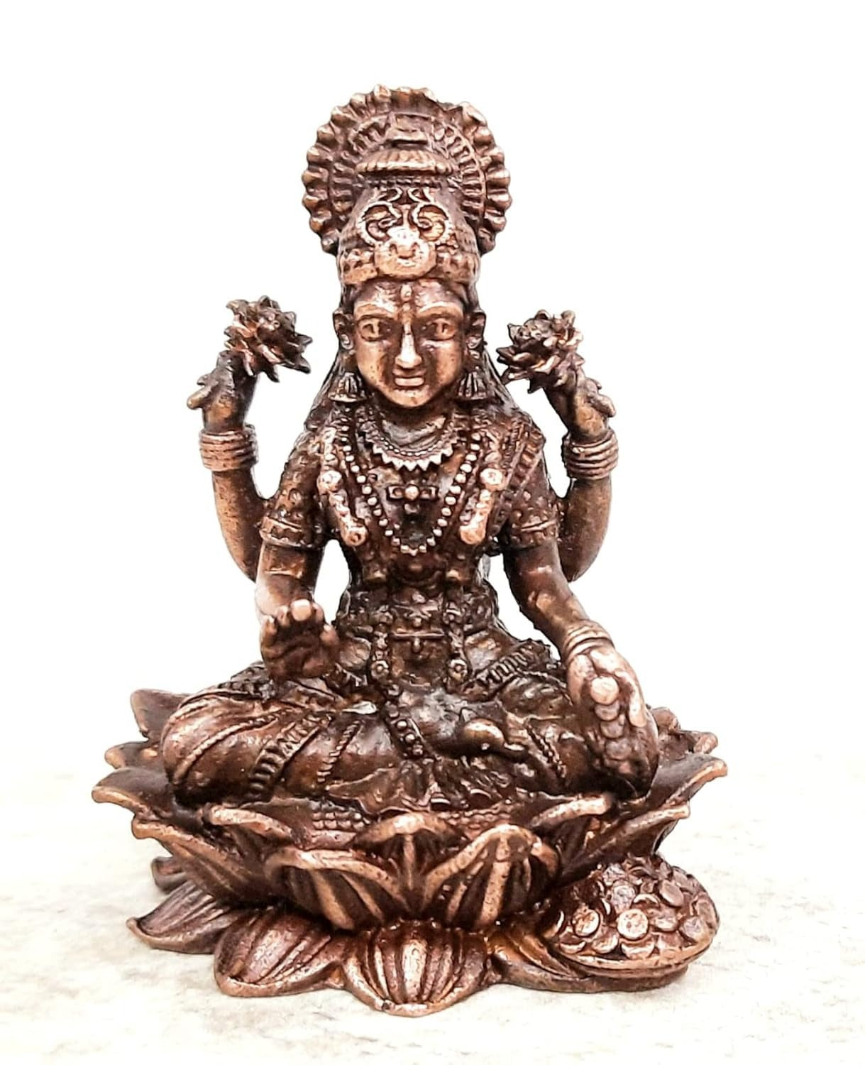 Brownish-Orange Copper Idols India, 2 Inches, Handmade Mahalakshmi Idol With, 145G, Patina Antique Finish, Pack Of 1 Piece