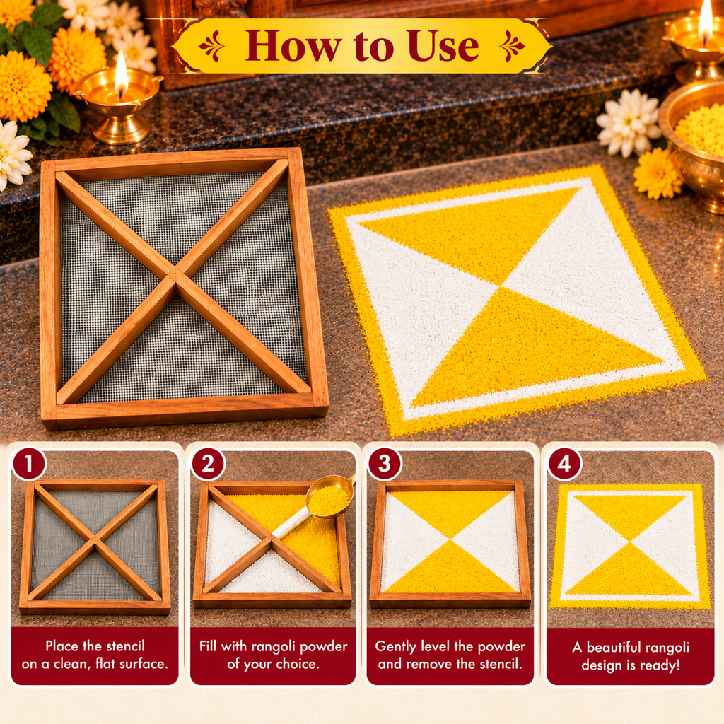 Teak Wood Stainless Steel Net Kadumthudi Rangoli Stencil – 7 Inches