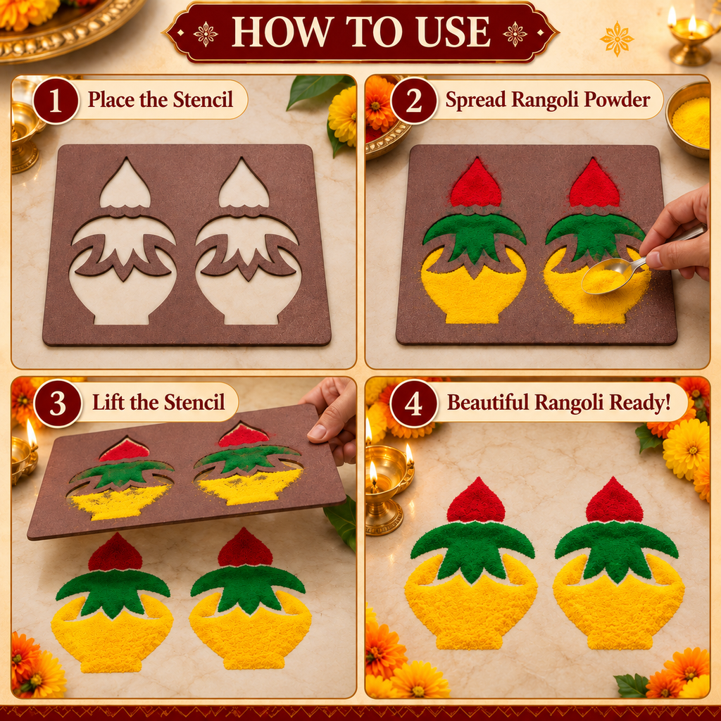 Kalash MDF Rangoli Stencil | Traditional Kalash Kolam Design | Reusable Pooja & Festival Stencil