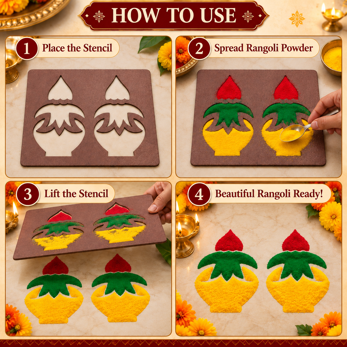 Kalash MDF Rangoli Stencil | Traditional Kalash Kolam Design | Reusable Pooja & Festival Stencil