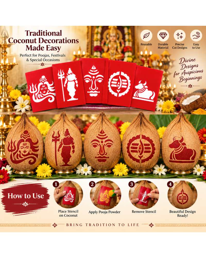 Combo 1 |Sacred Lord Shiva Combo Set _ Coconut Decoration Stencil  Design _ Pack of 5 _Unikraf