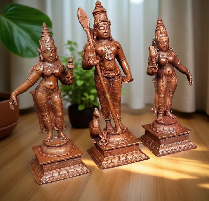 Sacred Murugan with Valli & Deivanai Copper Idol Set – 6.2 Inch | 1.36 Kg Solid Copper