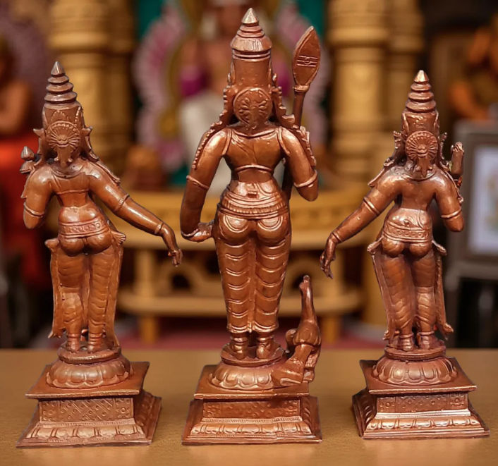 Sacred Murugan with Valli & Deivanai Copper Idol Set – 6.2 Inch | 1.36 Kg Solid Copper