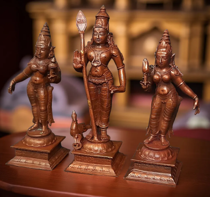 Sacred Murugan with Valli & Deivanai Copper Idol Set – 6.2 Inch | 1.36 Kg Solid Copper