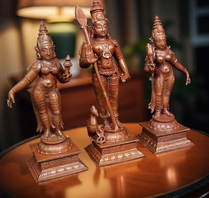 Sacred Murugan with Valli & Deivanai Copper Idol Set – 6.2 Inch | 1.36 Kg Solid Copper