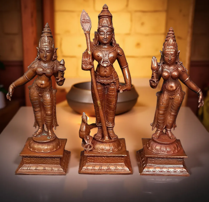 Sacred Murugan with Valli & Deivanai Copper Idol Set – 6.2 Inch | 1.36 Kg Solid Copper