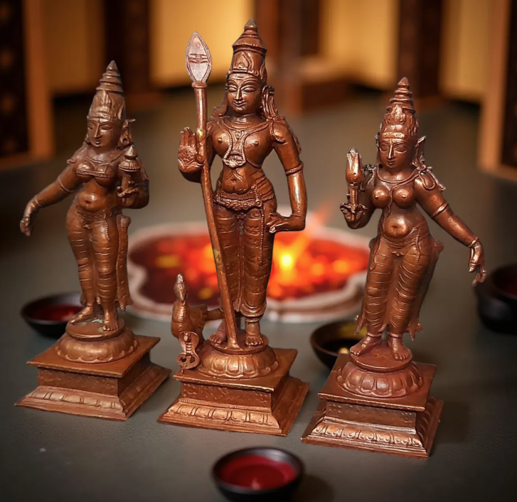 Sacred Murugan with Valli & Deivanai Copper Idol Set – 6.2 Inch | 1.36 Kg Solid Copper