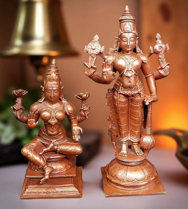 Sacred Srinivasa Perumal & Mahalakshmi Copper Idol Set – 6 Inch | 1.1 Kg Solid Copper