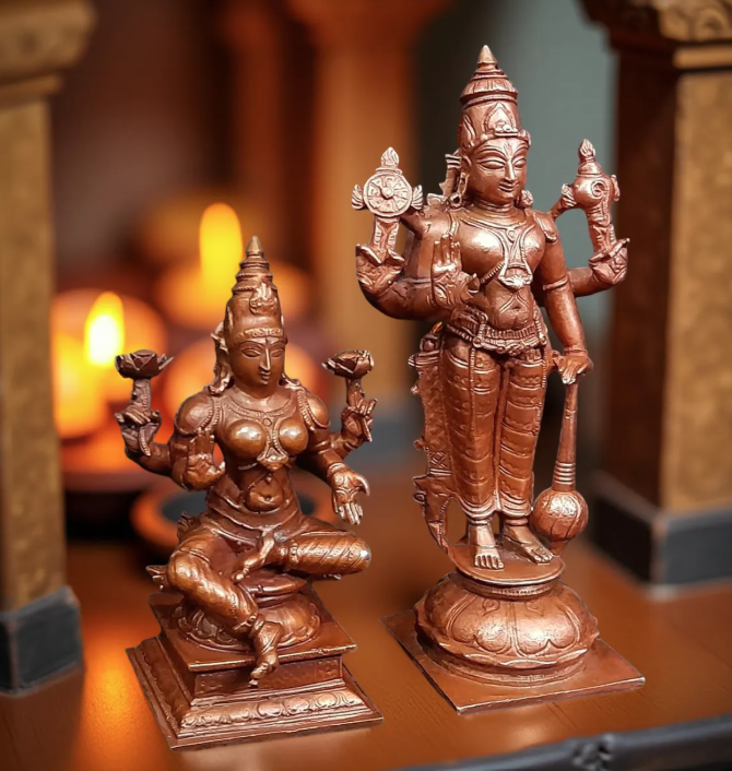 Sacred Srinivasa Perumal & Mahalakshmi Copper Idol Set – 6 Inch | 1.1 Kg Solid Copper
