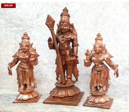 Sacred Lord Murugan with Valli & Deivanai Temple-Style Solid Copper Idols – 4.5 Inch | 630g | Antique Patina Finish