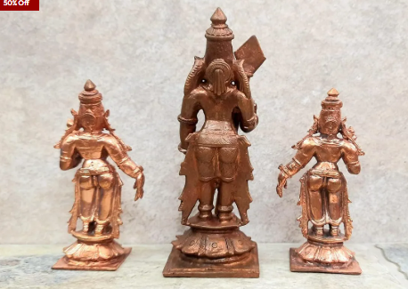 Sacred Lord Murugan with Valli & Deivanai Temple-Style Solid Copper Idols – 4.5 Inch | 630g | Antique Patina Finish