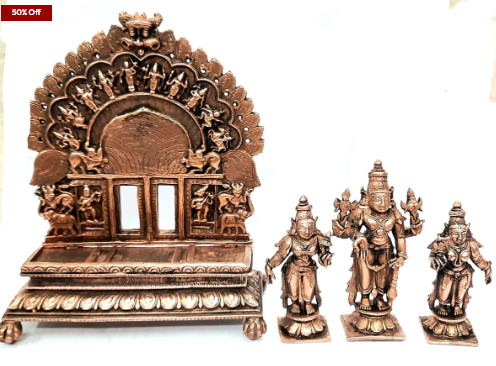 Sacred Srinivasa Perumal with Sridevi & Bhudevi Temple-Style Solid Copper Idol – 7 Inch | 1.6 kg | Antique Patina Finish