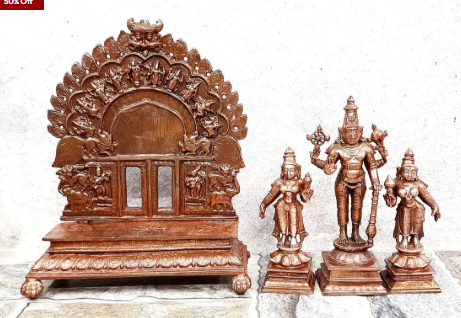 Sacred Srinivasa Perumal with Sridevi & Bhudevi Temple-Style Solid Copper Idol with Dasavathara Prabhavali – 7.2 Inch | 1.8 kg | Antique Patina Finish
