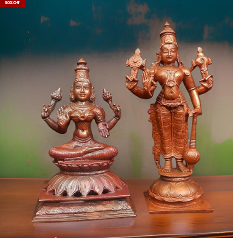Sacred Srinivasa Perumal with Mahalakshmi Temple-Style Solid Copper Idols – 6 Inch | 1.3 kg | Antique Patina Finish