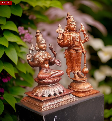 Sacred Srinivasa Perumal with Mahalakshmi Temple-Style Solid Copper Idols – 6 Inch | 1.3 kg | Antique Patina Finish