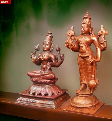 Sacred Srinivasa Perumal with Mahalakshmi Temple-Style Solid Copper Idols – 6 Inch | 1.3 kg | Antique Patina Finish