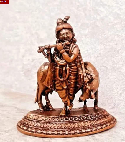 Sacred Lord Krishna with Cow Solid Copper Mini Idol – 2.4 Inch | 107g | Antique Patina Finish