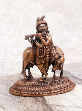 Sacred Lord Krishna with Cow Solid Copper Mini Idol – 2.4 Inch | 107g | Antique Patina Finish