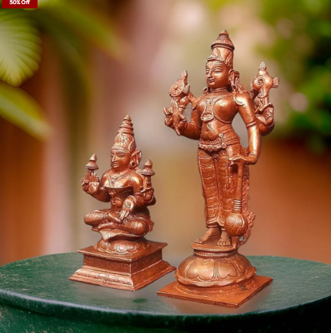 Sacred Srinivasa Perumal with Mahalakshmi Temple-Style Solid Copper Idols – 6 Inch | 1 kg | Antique Patina Finish