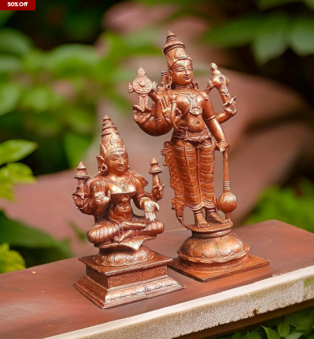 Sacred Srinivasa Perumal with Mahalakshmi Temple-Style Solid Copper Idols – 6 Inch | 1 kg | Antique Patina Finish