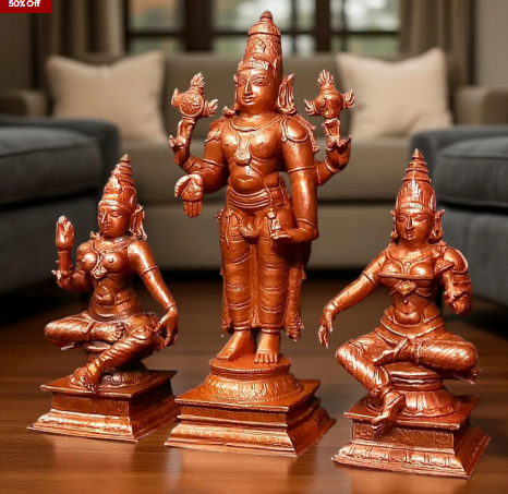 Sacred Srinivasa Perumal with Sridevi & Bhudevi Temple-Style Solid Copper Idols – 6.2 Inch | 1.635 kg | Antique Patina Finish