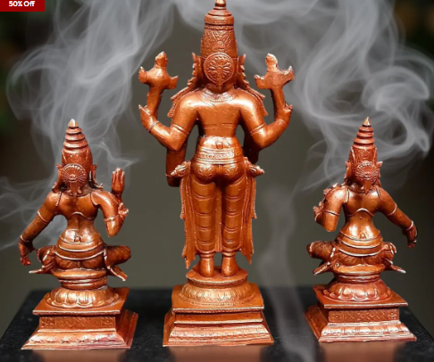 Sacred Srinivasa Perumal with Sridevi & Bhudevi Temple-Style Solid Copper Idols – 6.2 Inch | 1.635 kg | Antique Patina Finish