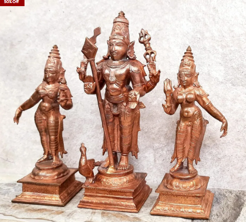 Sacred Lord Murugan with Valli & Deivanai Solid Copper Temple Idols – 6.2 Inches | 1.6 Kg | Antique Patina Finish