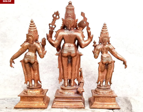 Sacred Lord Murugan with Valli & Deivanai Solid Copper Temple Idols – 6.2 Inches | 1.6 Kg | Antique Patina Finish