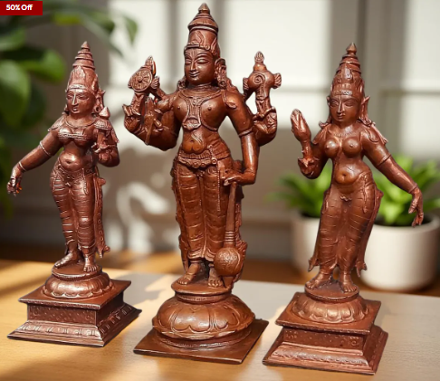 Sacred Lord Srinivasa Perumal with Sridevi & Bhudevi Solid Copper Temple Idols – 6 Inches | 1.4 Kg | Antique Patina Finish
