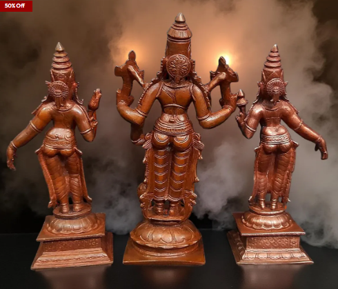 Sacred Lord Srinivasa Perumal with Sridevi & Bhudevi Solid Copper Temple Idols – 6 Inches | 1.4 Kg | Antique Patina Finish