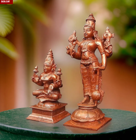 Sacred Lord Srinivasa Perumal with Mahalakshmi Solid Copper Temple Idols – 6 Inches | 1 Kg | Antique Patina Finish
