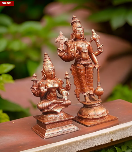 Sacred Lord Srinivasa Perumal with Mahalakshmi Solid Copper Temple Idols – 6 Inches | 1 Kg | Antique Patina Finish