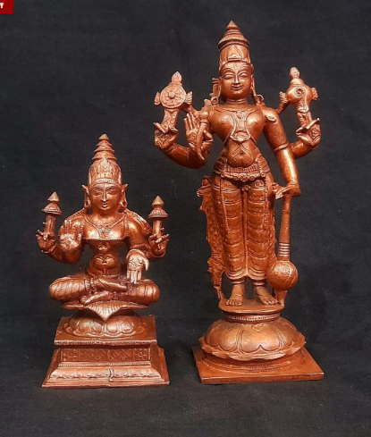 Sacred Lord Srinivasa Perumal with Mahalakshmi Solid Copper Temple Idols – 6 Inches | 1 Kg | Antique Patina Finish
