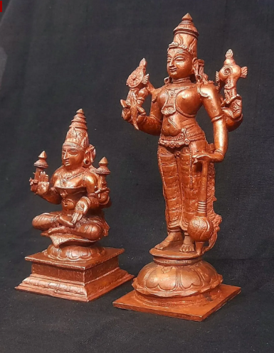 Sacred Lord Srinivasa Perumal with Mahalakshmi Solid Copper Temple Idols – 6 Inches | 1 Kg | Antique Patina Finish