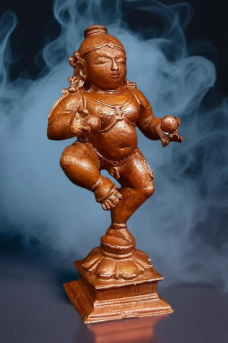 Sacred Bal Krishna with Laddu Solid Copper Idol – 3.3 Inches | 150 Grams | Antique Patina Temple Finish