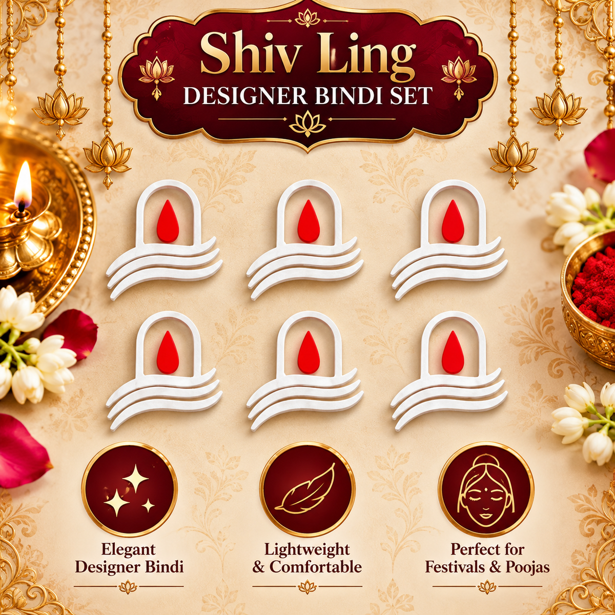 Premium Shiv Tilak Designer Bindi Set – White & Red Traditional Bindis - 6 Bindis Sticker