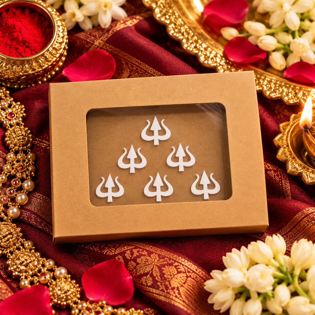 Shiva Trishul Forehead Bindis – Premium White Sticker Set (Pack of 5 Bindis Stickers )