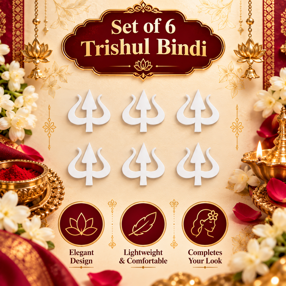 Shiva Trishul Forehead Bindis – Premium White Sticker Set (Pack of 5 Bindis Stickers )