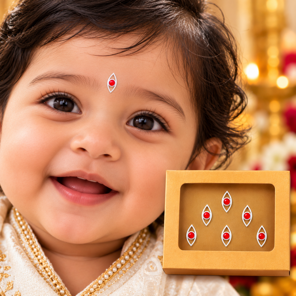 Divine Drishti Eye Designer Bindi Set of 6 Stickers  | Traditional White & Red Protective Bindis for Pooja & Festivals