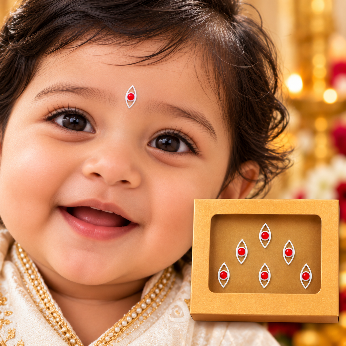 Divine Drishti Eye Designer Bindi Set of 6 Stickers  | Traditional White & Red Protective Bindis for Pooja & Festivals