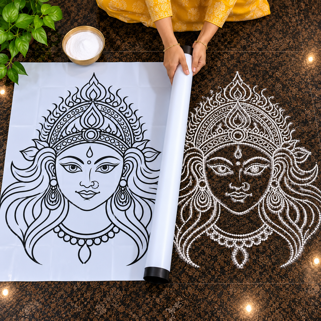 Devi Face Flex_ 2.5 Feet × 2 Feet _ Rangoli Stencil – Goddess Face Design for Pooja, Temple & Festival Decorations | 2.5 Feet × 2 Feet