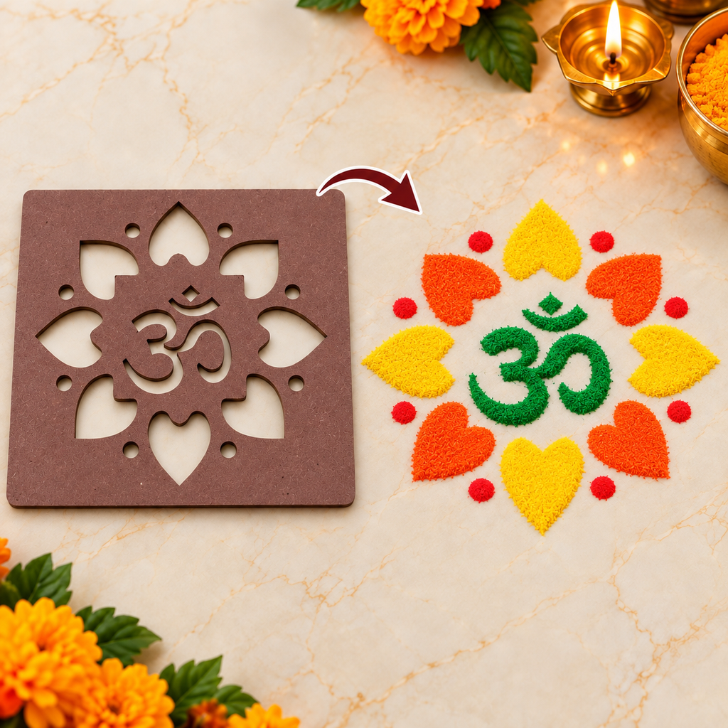 Om MDF Rangoli Stencil | Traditional Om Kolam Design | Reusable Pooja & Festival Stencil