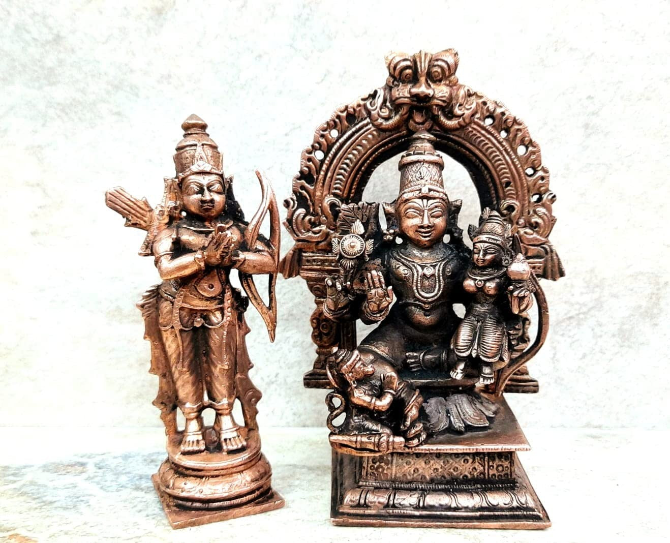 Brownish-Orange Copper Handmade Ram Darbar, 4.3 Inches,, 760Grams, Patina Antique Finish, Pack Of 2 Piece(2 Idols)
